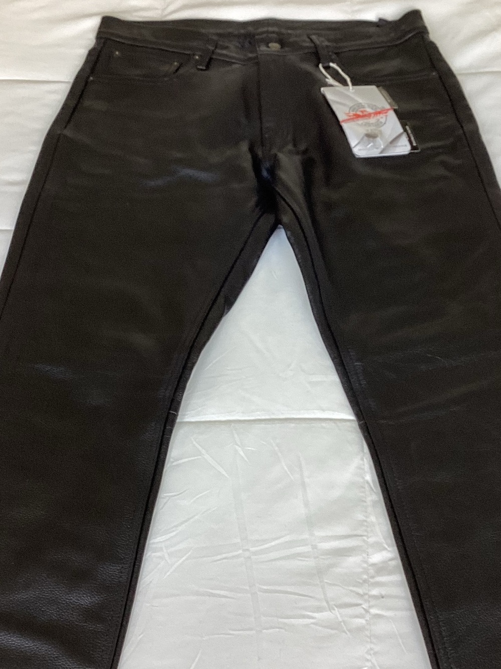 Men's NWT Milwaukee Black Heavy Duty Leather 34 Waist Unhemmed Leather Jeans